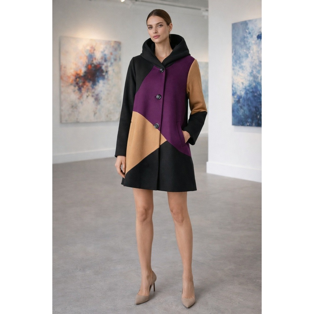 Colorblock Wool Coat Hooded Statement Jacket Oversized Artsy XL